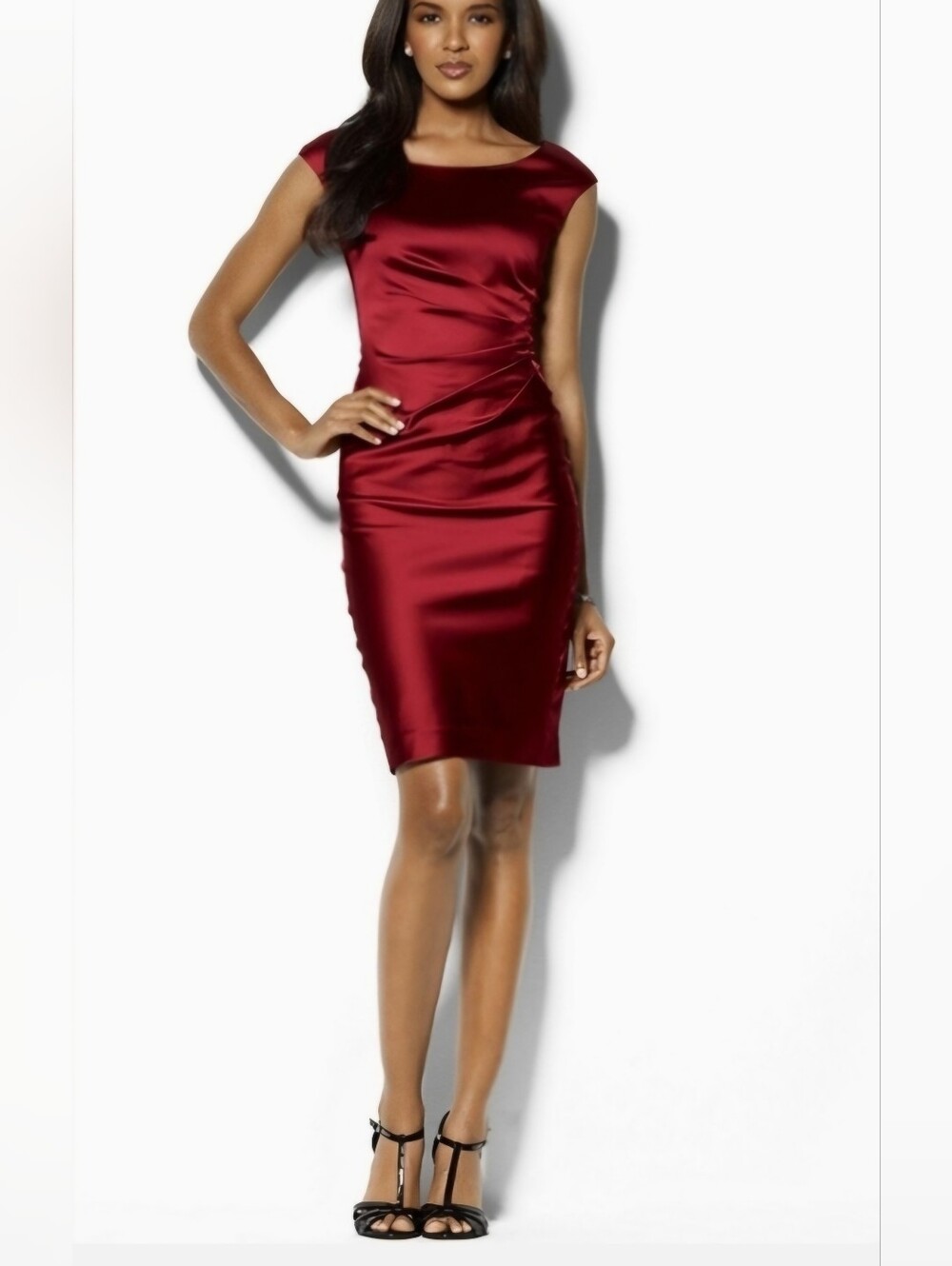 Lauren Ralph Lauren Satin Cocktail Red Rushing Waist Knee Lenght Dress Size 10